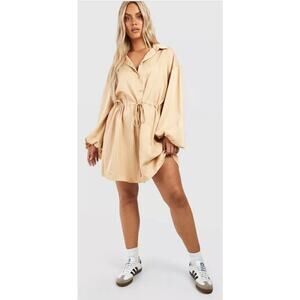 Boohoo Size 24 Shirt Dress Tie Waist Tan Coastal Beachy Shopping Errands NEW